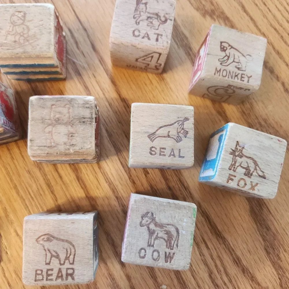 11 vintage wood building blocks-letters numbers & animals red blue yellow green